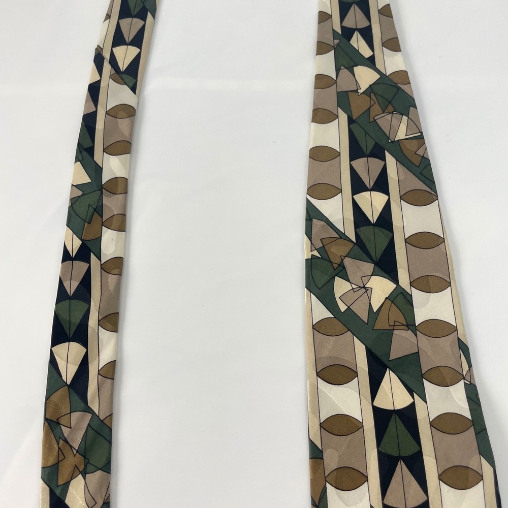 Vintage 90s Silk Tie Abstract Bachrach Screenplay by Martin Wong Geometric Olive - Picture 4 of 12